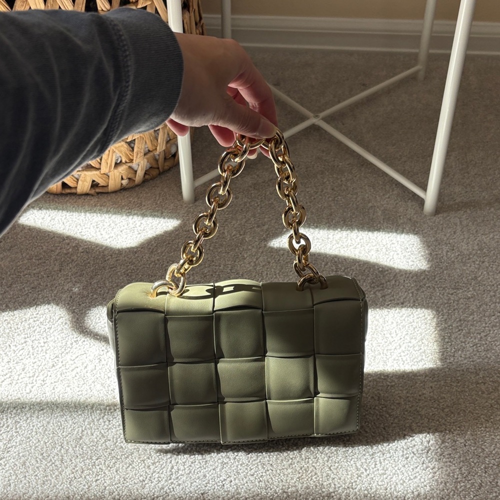 Woven Leather Shoulder Bag in Olive with Gold Chain